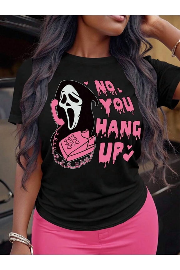 Women Summer Slogan Ghost Print Loose Round Neck Drop Shoulder Casual T-Shirt Graphic Tees Women Tops