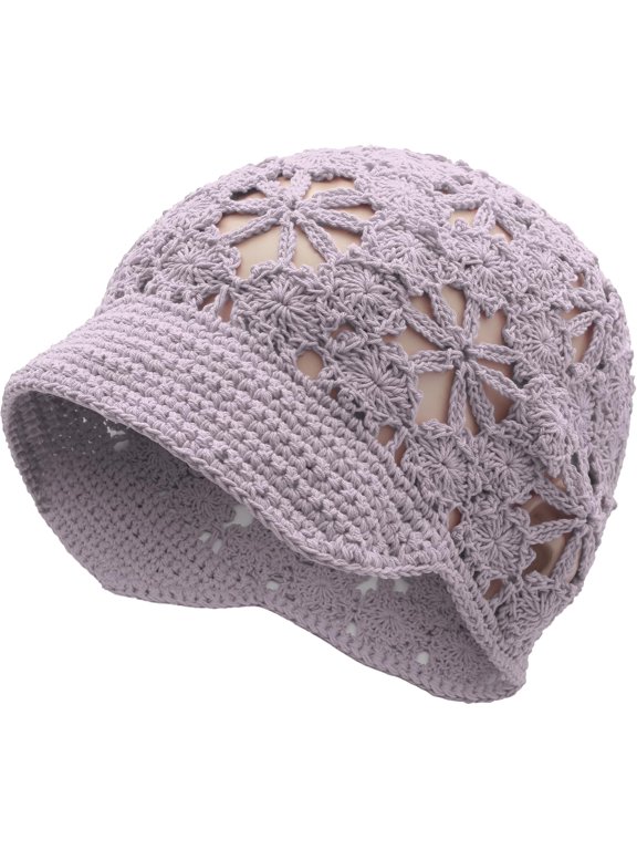 Women Summer Slouchy Crochet Hat Handmade Cutout Knit Skull Cap with Visor
