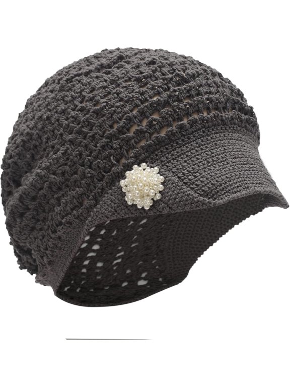 Women Summer Slouchy Crochet Hat Handmade Cutout Knit Skull Cap with Visor
