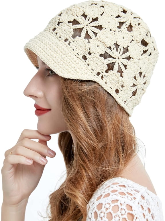 Women Summer Slouchy Crochet Hat Handmade Cutout Knit Skull Cap with Visor