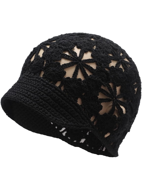 Women Summer Slouchy Crochet Hat Handmade Cutout Knit Skull Cap with Visor