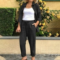 Women Summer Solid Color Casual Cotton And Linen Short Sleeve Round Neck Lapel Long Sleeved Shirt And Loose Wide Leg Pants Suit Black XXXXXL