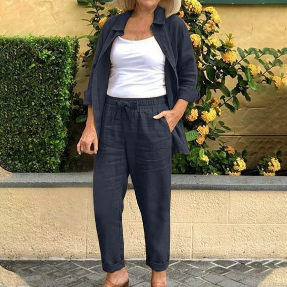 Women Summer Solid Color Casual Cotton And Linen Short Sleeve Round Neck Lapel Long Sleeved Shirt And Loose Wide Leg Pants Suit Dark Blue XXXXXL