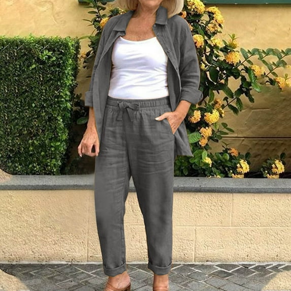 Women Summer Solid Color Casual Cotton And Linen Short Sleeve Round Neck Lapel Long Sleeved Shirt And Loose Wide Leg Pants Suit Dark Gray XXL
