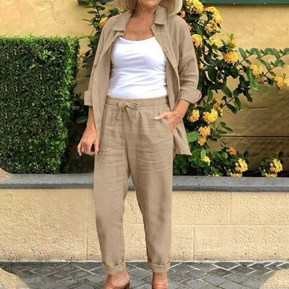 Women Summer Solid Color Casual Cotton And Linen Short Sleeve Round Neck Lapel Long Sleeved Shirt And Loose Wide Leg Pants Suit Khaki XL