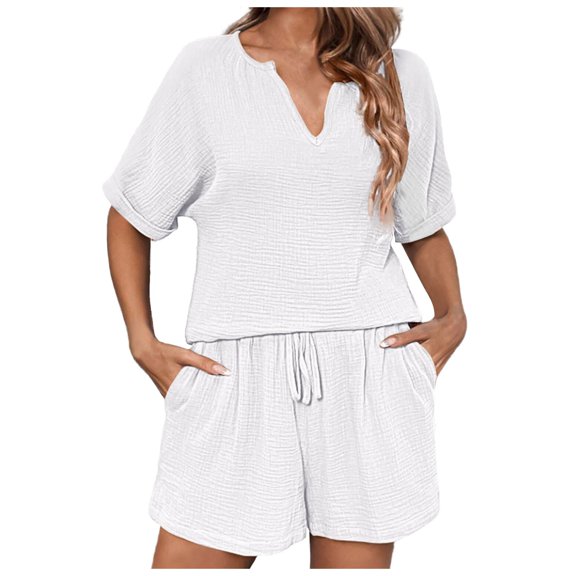 Women Summer Solid Color Long Sleeve Shorts Conditioning Fashion Casual Home Service Two Piece Set