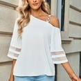 thumbnail image 1 of Women Summer Solid Color Loose Fitting Chiffon Blouse 3/4 Bell Sleeve Mesh Panel Shirt Cold Shoulder Metallic Buckle Top, 1 of 9