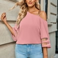 thumbnail image 1 of Women Summer Solid Color Loose Fitting Chiffon Blouse 3/4 Bell Sleeve Mesh Panel Shirt Cold Shoulder Metallic Buckle Top, 1 of 7