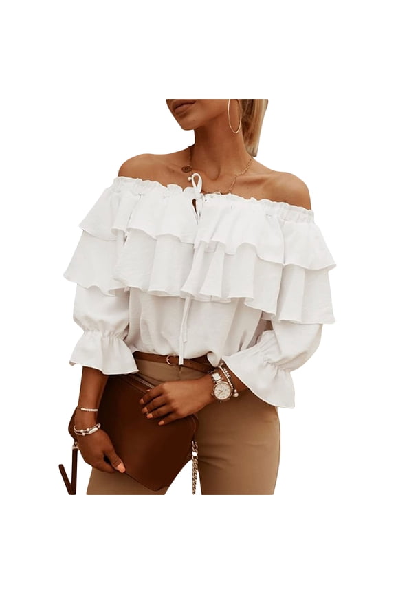 Women Summer Solid Color Off-Shoulder Half Sleeve Chiffon Blouses Shirt Summer Casual Ruffles Tops