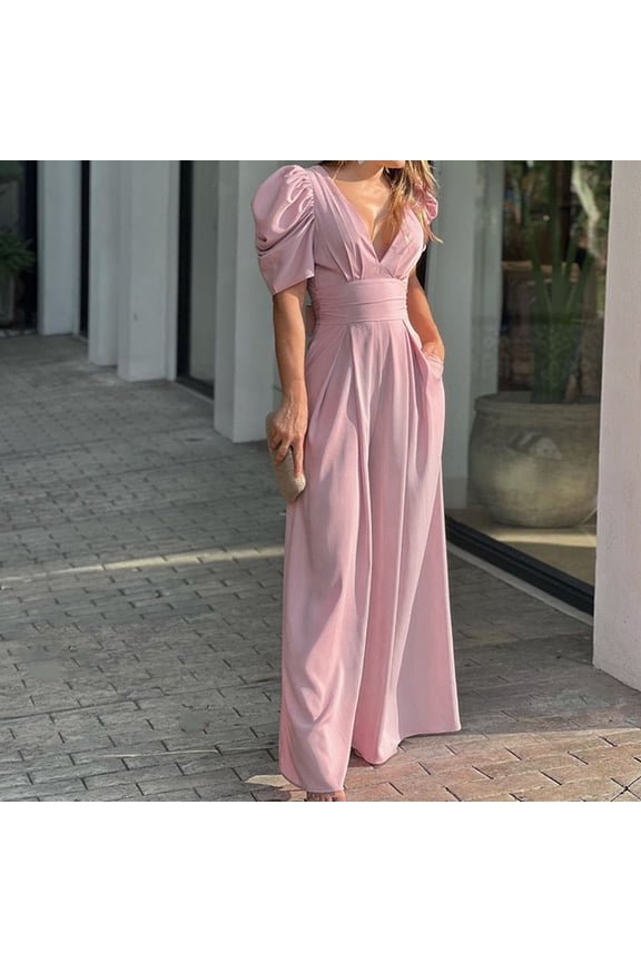 Women Summer Solid Color Short Sleeves Fashionable And Elegant Large Size Wide Leg Jumpsuit Long Sleeve Rompers for Women Long Pant Harem Jumpsuit for Women Fitted Jumpsuits for Women Overalls for