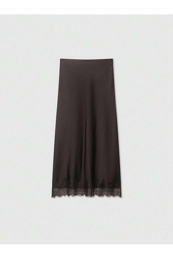 Women Summer Solid Color Silk-Like Midi Skirt with Exquisite Lace Trim, Smooth Glossy Silky Fabric Skirt, Elegant Flowy Casual Bottom for Daily Outings, Dating and Leisure Occasions