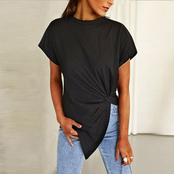 Women Summer Solid Color Top Knotted Asymmetrical Round Neck Knotted Short Sleeve T Shirt Womens Tops Tee Shirts Running Shirts Fall Tees for Women Layering Shirt Women Womens Tee Spandex T Shirt
