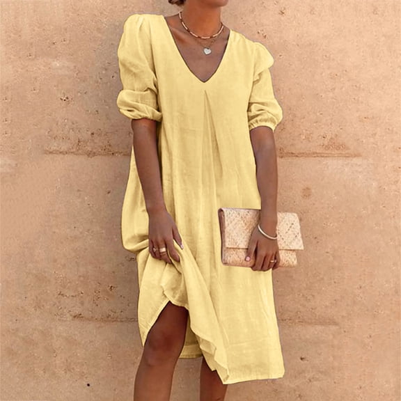 Women Summer Solid Color V Neck Half Sleeve Casual Dress Elegant Dresses Under Loose Tunic Maxi Dresses Swing Mode Beach Dress Summer Dresses for Women Work Casual Maxi Dress Summer Summer Work