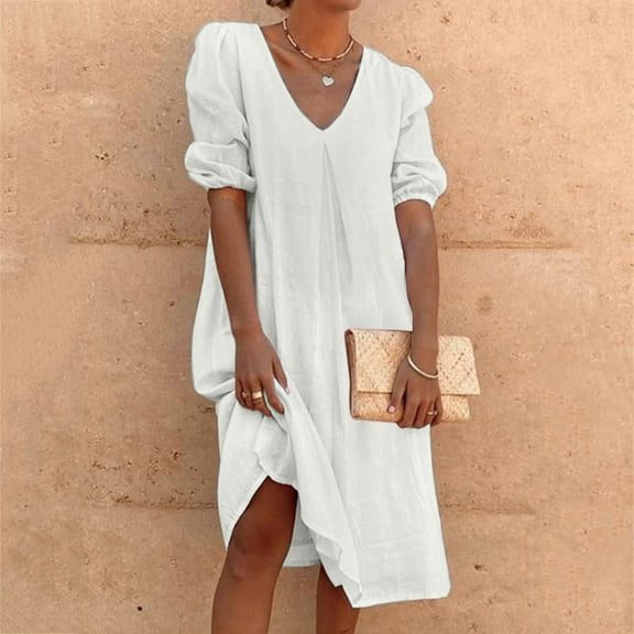 Women Summer Solid Color V Neck Half Sleeve Casual Dress Elegant Dresses Under Loose Tunic Maxi Dresses Swing Mode Beach Dress Summer Dresses for Women Work Casual Maxi Dress Summer Summer Work
