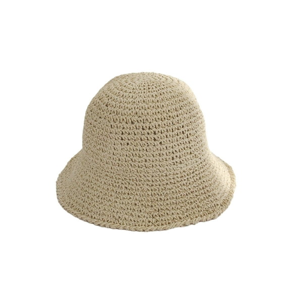 Women Summer Solid Color Woven Straw Bucket Sun Hat Foldable Wide Brim Hollow Breathable Sunscreen Beach Hat