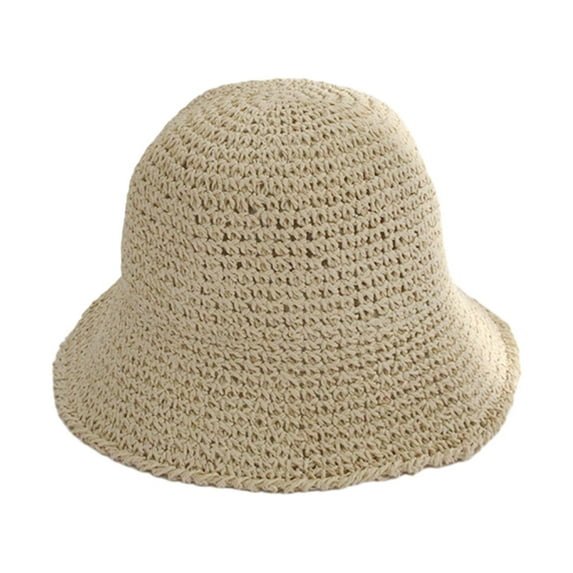 Women Summer Solid Color Woven Straw Bucket Sun Hat Foldable Wide Brim Hollow Breathable Sunscreen Beach Hat