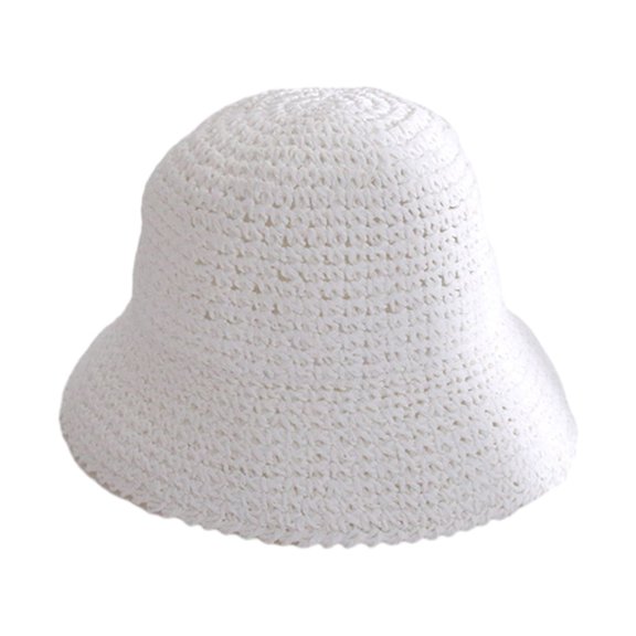 Women Summer Solid Color Woven Straw Bucket Sun Hat Foldable Wide Brim Hollow Breathable Sunscreen Beach Hat