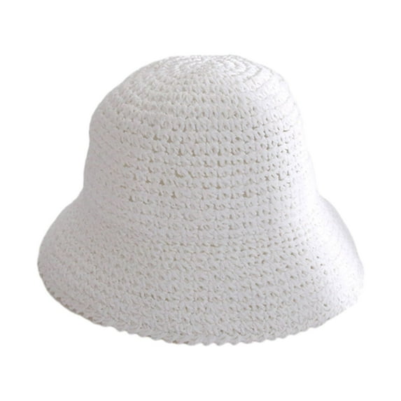 Women Summer Solid Color Woven Straw Bucket Sun Hat Foldable Wide Brim Hollow Breathable Sunscreen Beach Hat