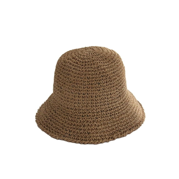 Women Summer Solid Color Woven Straw Bucket Sun Hat Foldable Wide Brim Hollow Breathable Sunscreen Beach Hat