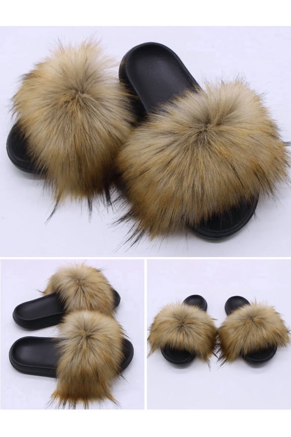 Women Summer Solid Faux Fur Slides Slippers Fluffy Furry Sandals Outdoor Luxurious Fashionable Shoes