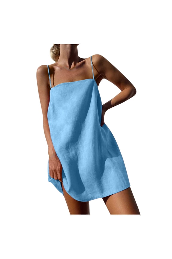 Women Summer Spaghetti Strap Dresses Sleeveless V Neck Sundress Ladies Casual Swing Tank Beach Cover Up Holiday Work Party Boho Short Dresses UK