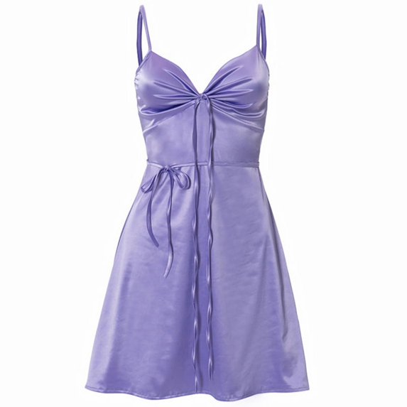 Women Summer Spaghetti Strap Satin Slim Mini Slip Dress Sexy Deep V-Neck Tie Bandage Ruched Chest Belted A-Line Clubwear