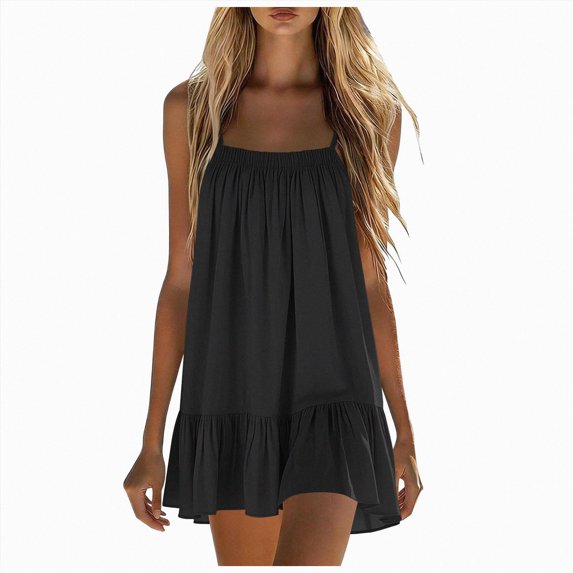 Women Summer Spaghetti Strap Swing Mini Dress Casual Ruffle Hem Loose Cami Dress