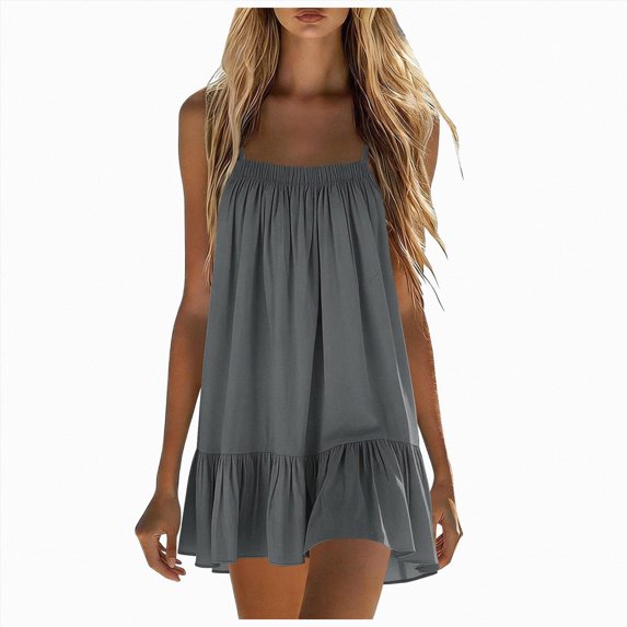 Women Summer Spaghetti Strap Swing Mini Dress Casual Ruffle Hem Loose Cami Dress