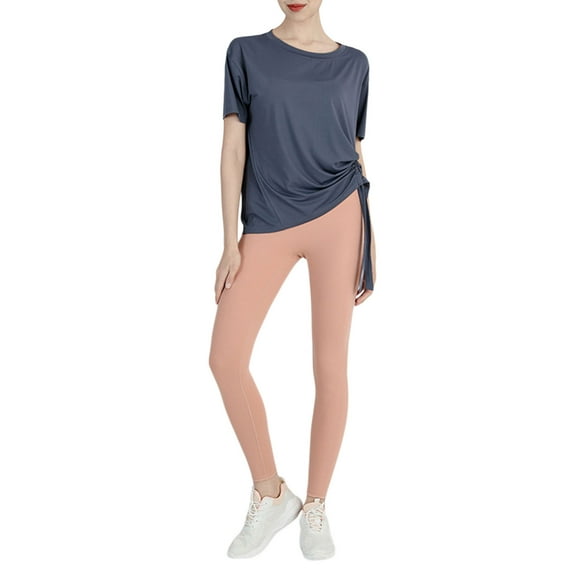 Women Summer Sports T-Shirt, Solid Color O-Neck Short Sleeve Quick Dry Tee Tops with Drawstring