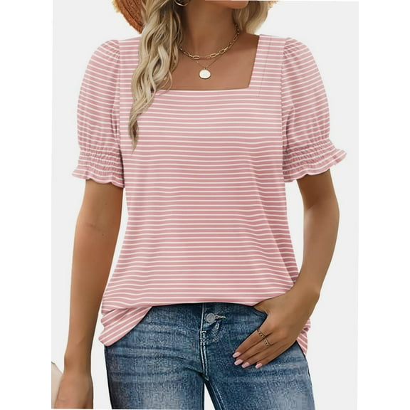 Women Summer Square Neck Ruffled Tops Short Sleeve Blouse Casual T-Shirt Top