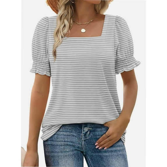 Women Summer Square Neck Ruffled Tops Short Sleeve Blouse Casual T-Shirt Top