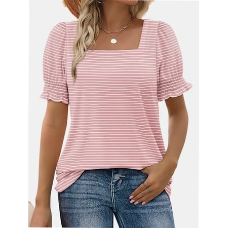 Women Summer Square Neck Ruffled Tops Short Sleeve Blouse Casual T-Shirt Top