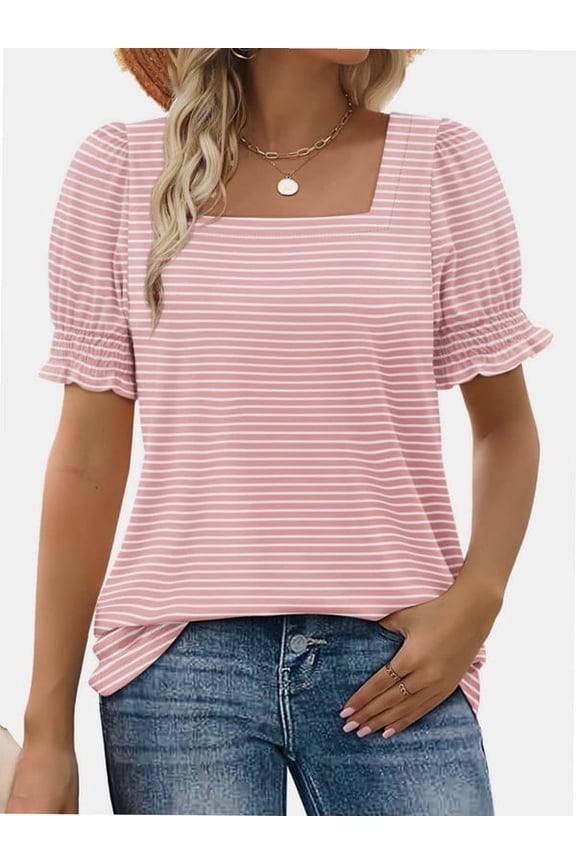 Women Summer Square Neck Ruffled Tops Short Sleeve Blouse Casual T-Shirt Top
