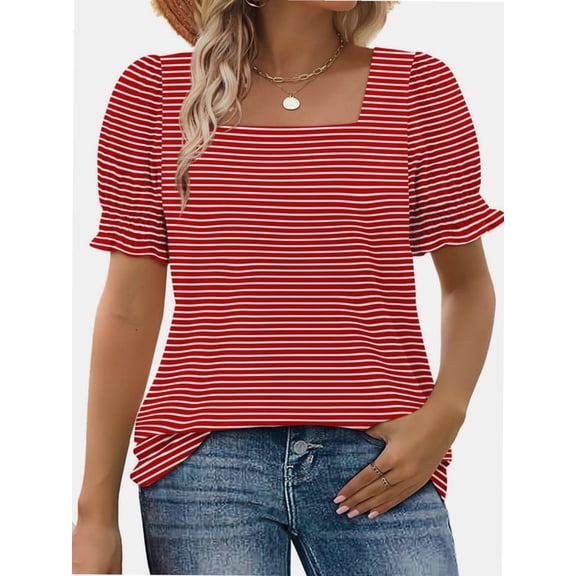 Women Summer Square Neck Ruffled Tops Short Sleeve Blouse Casual T-Shirt Top