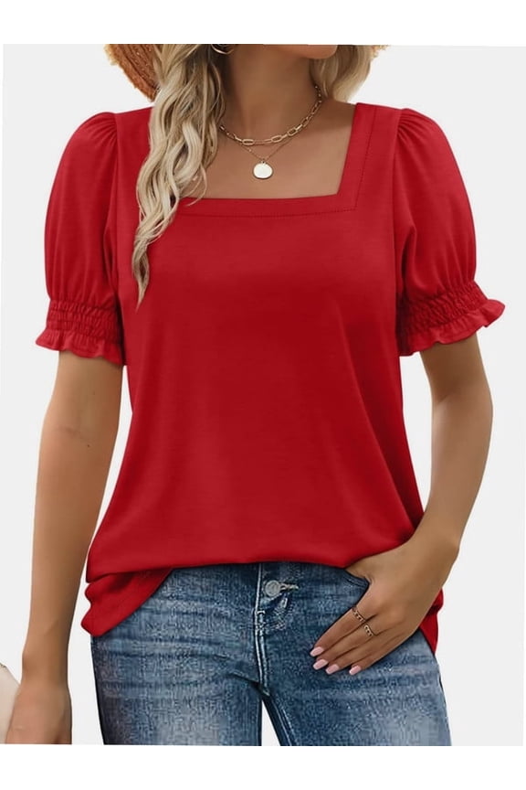 Women Summer Square Neck Ruffled Tops Short Sleeve Blouse Casual T-Shirt Top