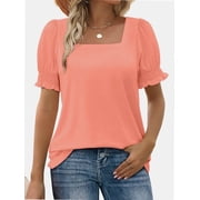 Women Summer Square Neck Ruffled Tops Short Sleeve Blouse Casual T-Shirt Top
