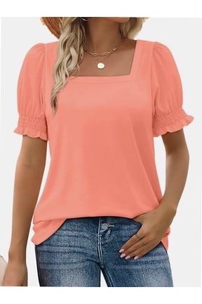 Women Summer Square Neck Ruffled Tops Short Sleeve Blouse Casual T-Shirt Top