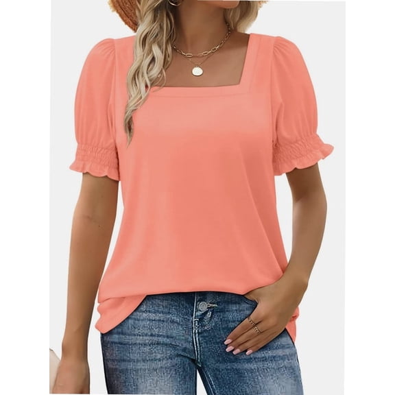 Women Summer Square Neck Ruffled Tops Short Sleeve Blouse Casual T-Shirt Top