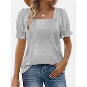 Women Summer Square Neck Ruffled Tops Short Sleeve Blouse Casual T-Shirt Top