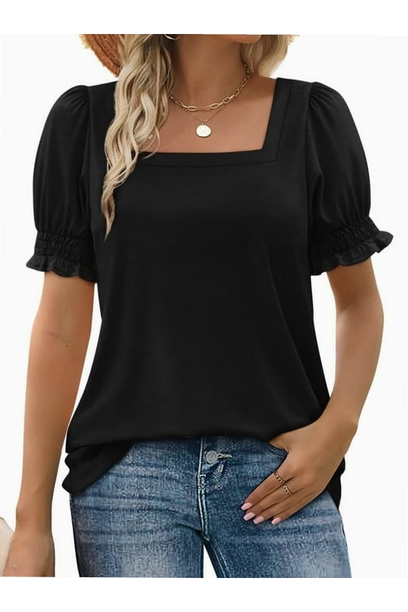 Women Summer Square Neck Ruffled Tops Short Sleeve Blouse Casual T-Shirt Top