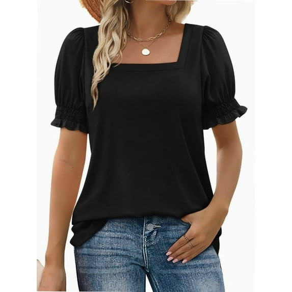 Women Summer Square Neck Ruffled Tops Short Sleeve Blouse Casual T-Shirt Top