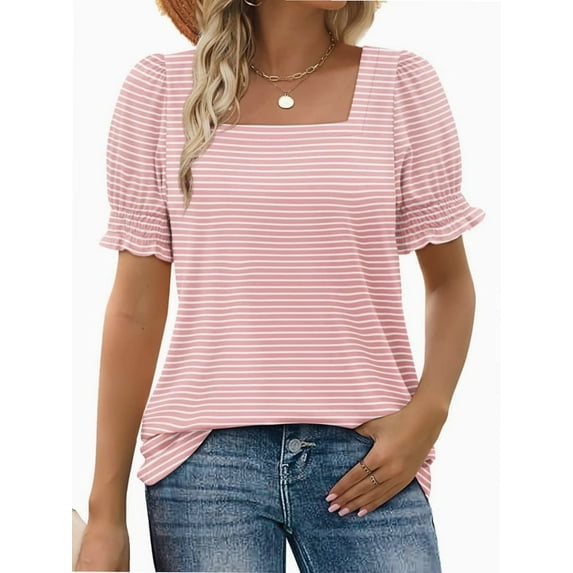 Women Summer Square Neck Ruffled Tops Short Sleeve Blouse Casual T-Shirt Top