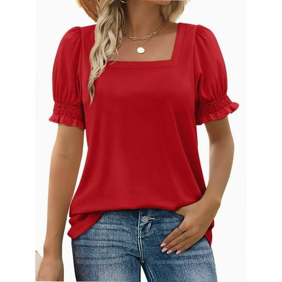 Women Summer Square Neck Ruffled Tops Short Sleeve Blouse Casual T-Shirt Top