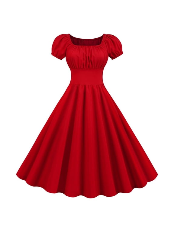 Women Summer Square Neck Short Sleeve Retro 50s 60s Vintage Party Swing Dress Beach Maxi Dresses Summer Dresses Casual Dresses Swing Easter Dresses for Women High Low Dress for Women Olive Summer