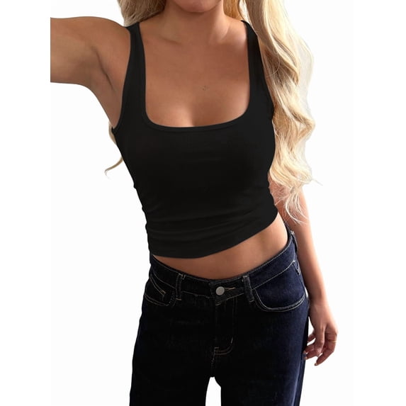 Women Summer Square Neck Tank Tops Workout Cropped Ribbed Summer Camisole Sleeveless Clothes Black S