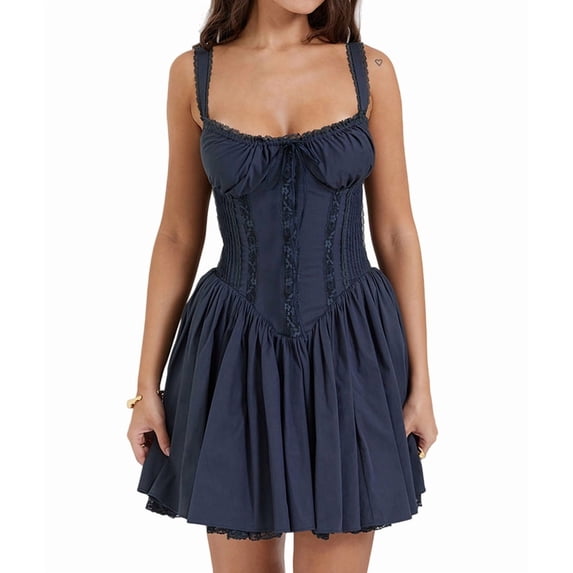 Women Summer Square Neck Tie Front Lace Spliced Ruched Backless Casual Party Short Bodycon Dresses Navy Blue S