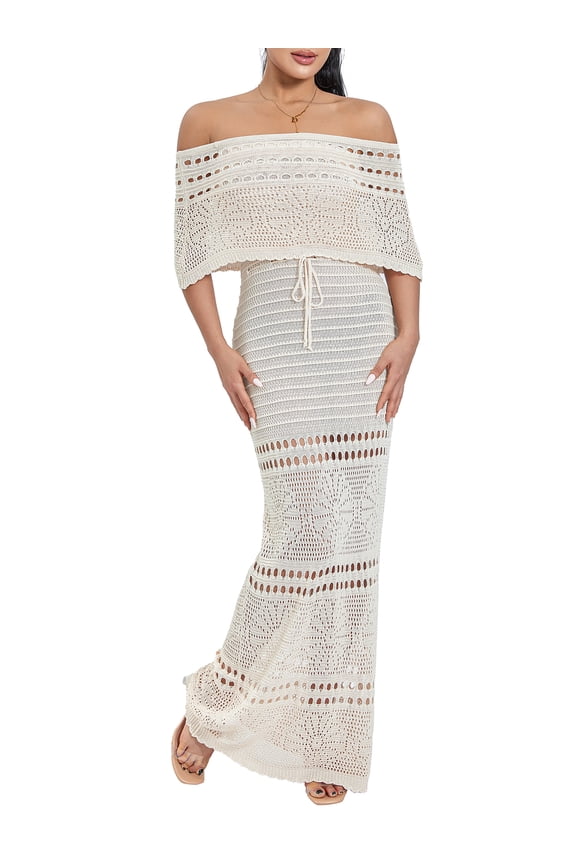 Women Summer Strapless Knitted Long Dress Off Shoulder Floral Hollow Tie Up Maxi Dress Beach Dress