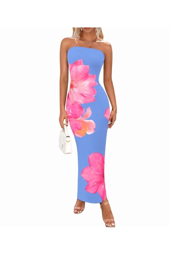 Women Summer Strapless Maxi Dress Bodycon Floral Long Wedding Guest Dress Formal Cocktail Dresses Blue & Red Flower L