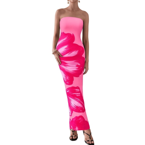 Women Summer Strapless Maxi Dress Bodycon Floral Long Wedding Guest Dress Formal Cocktail Dresses Pink XL (Wedding Guest Dresses Summer)