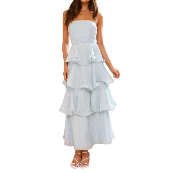 Women Summer Strapless Maxi Dress Ruffle Tiered Solid Backless Smocked Elegant Flowy Beach Long Dresses Light Blue XL